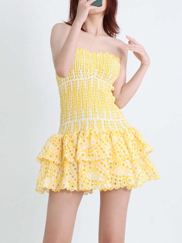 Elegant Strapless Embroidered Ruffle Hem Short Dress for Women embroidery detail