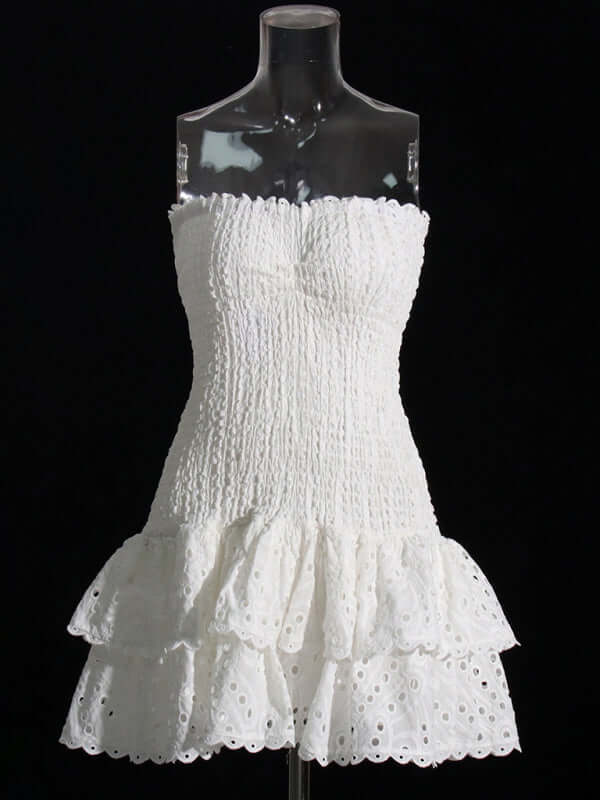Elegant Strapless Embroidered Ruffle Hem Short Dress for Women strapless top