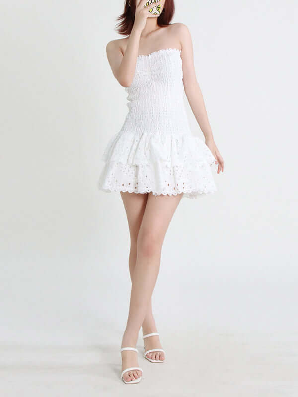 Elegant Strapless Embroidered Ruffle Hem Short Dress for Women fitted waist