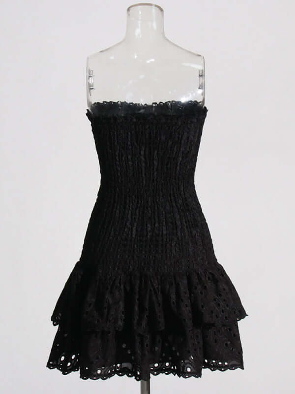Elegant Strapless Embroidered Ruffle Hem Short Dress for Women model photo