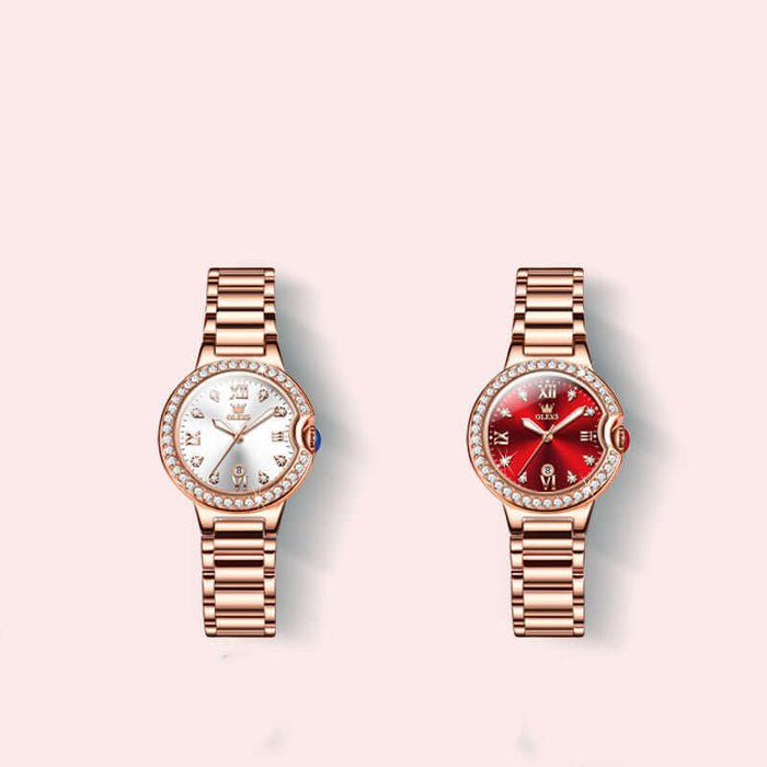 Elegant Waterproof Women Rose Gold Luxury Watch duo featuring white and red dial designs on rose gold bracelets.