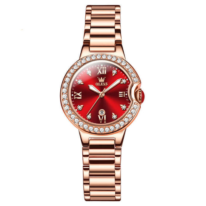 Elegant Waterproof Women Rose Gold Luxury Watch with red dial and diamond accents.