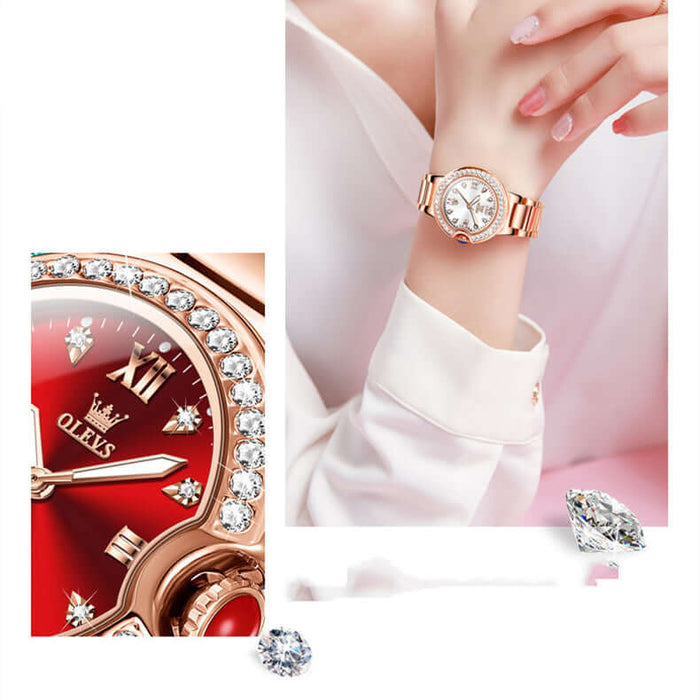 Elegant Waterproof Women Rose Gold Luxury Watch displayed on a wrist, featuring a stunning red face and diamond embellishments.