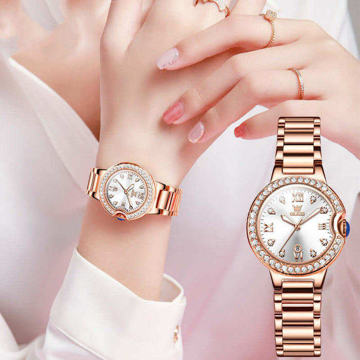 Elegant Waterproof Women Rose Gold Luxury Watch showcased on a woman's wrist, featuring a sparkling design and elegant details.