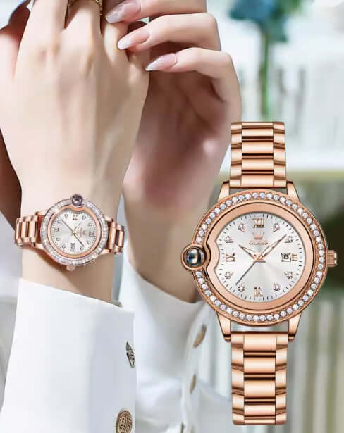 Elegant Waterproof Women Rose Gold Luxury Watch displayed on a woman's wrist, showcasing its exquisite design and style.