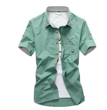 Embroidery Mens Shirts rugged sophisticated army green colorway displayed flat on a minimalist background surface