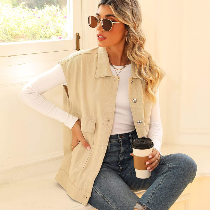 Fashion Denim Vest With Big Pockets for Women worn by a model holding a coffee cup and seated by a sunny window.