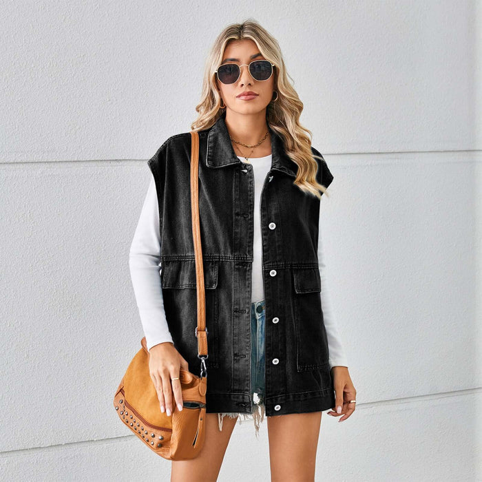 Fashion Denim Vest With Big Pockets for Women modeled by a stylish woman wearing sunglasses and holding a bag.