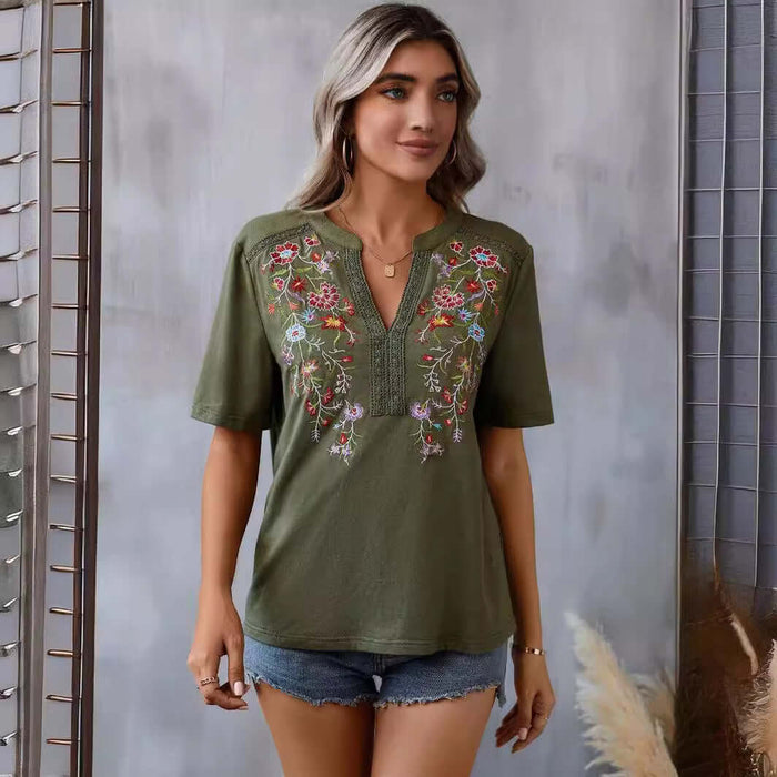 Fashion Flowers Embroidery Lace-collared Blouse worn by a model, featuring floral embroidery on an olive green top.