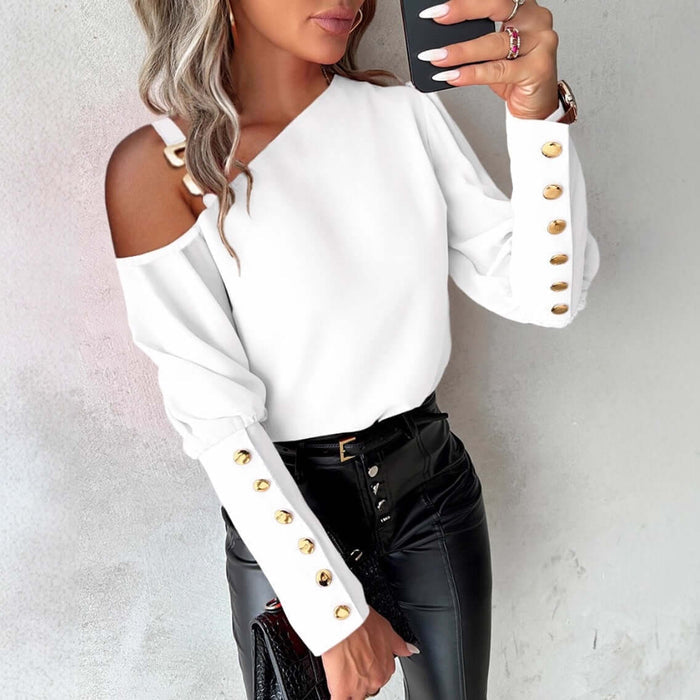 Fashion Lantern Sleeve Button Splicing Shirt red casual daily outfit.