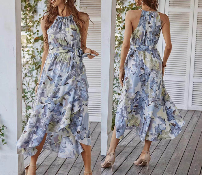 Fashion Print Halterneck Boho Leisure Vacation Dress in floral design, showcasing front and back views.