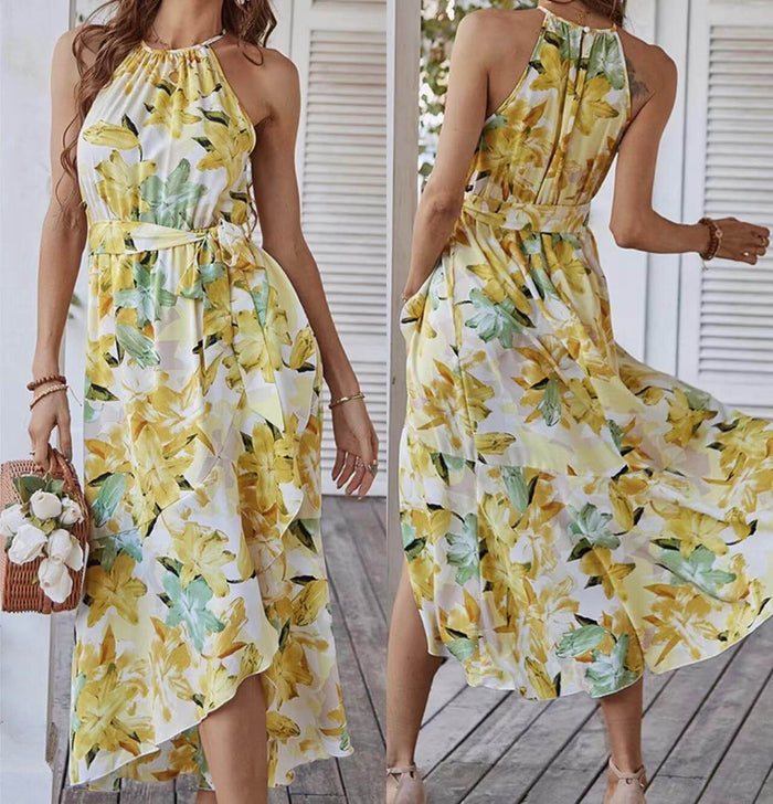 Fashion Print Halterneck Boho Leisure Vacation Dress showcasing a vibrant floral design in yellow and green.