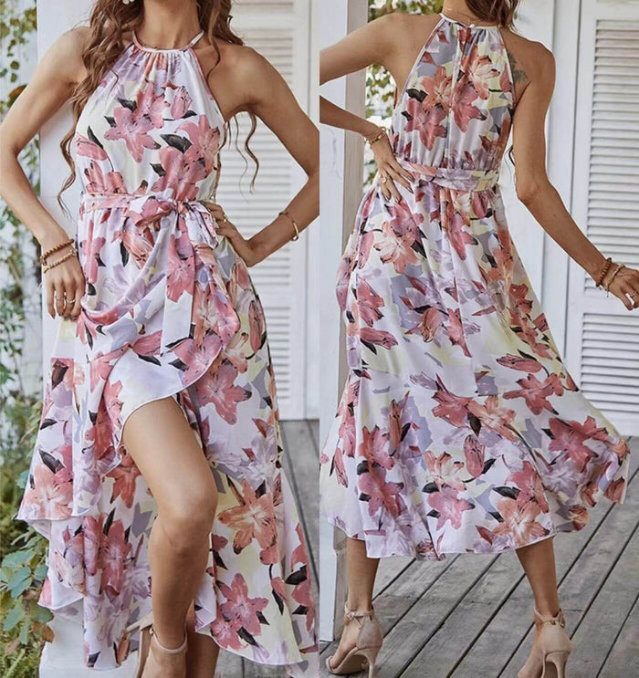 Fashion Print Halterneck Boho Leisure Vacation Dress featuring floral print and flowy design for casual outings.