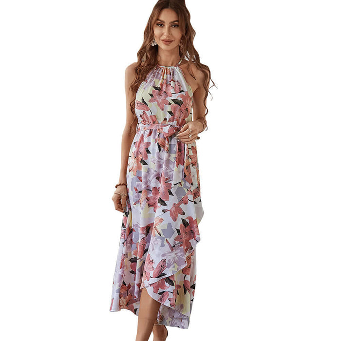 Fashion Print Halterneck Boho Leisure Vacation Dress featuring floral design and a flowy silhouette.