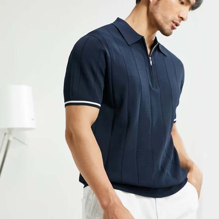 Fashion Short-sleeved Polo Shirt Summer Lapel Zipper Top thickened wool fabric