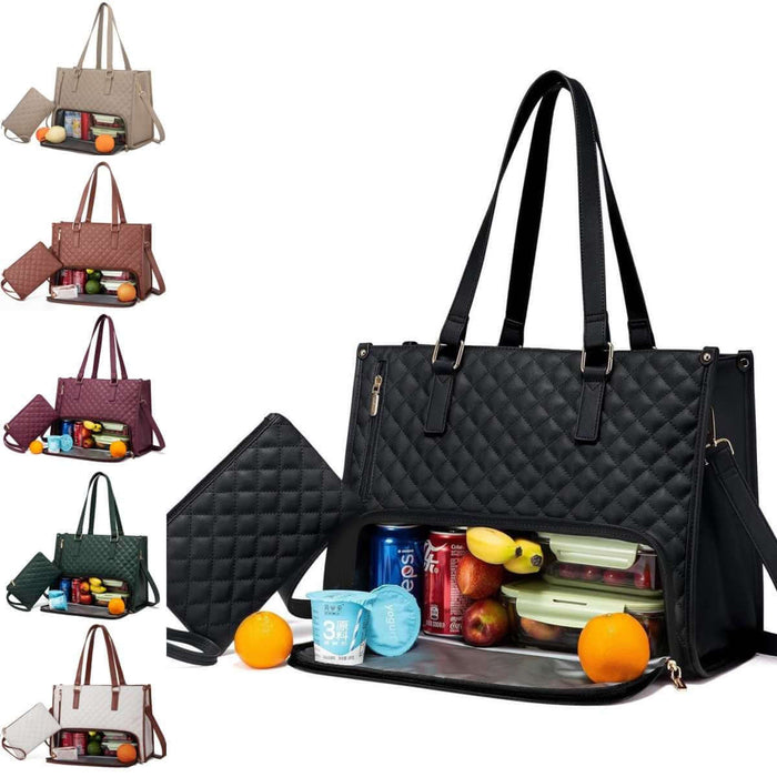 Fashionable Women's Thermal Lunch & Computer Storage Bag with fruits and drinks, available in multiple colors.