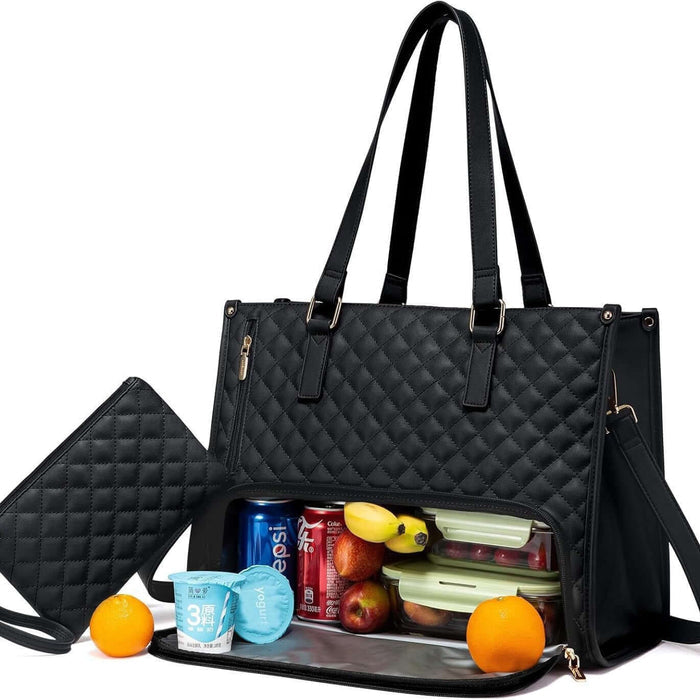 Fashionable Women's Thermal Lunch & Computer Storage Bag filled with food items and drinks, featuring a stylish design.