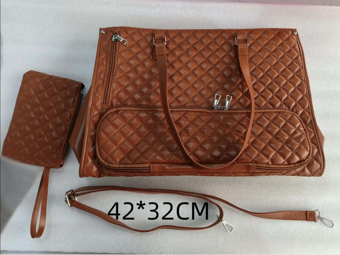 Fashionable Women's Thermal Lunch & Computer Storage Bag in brown quilted design with accessories, dimensions 42x32CM.
