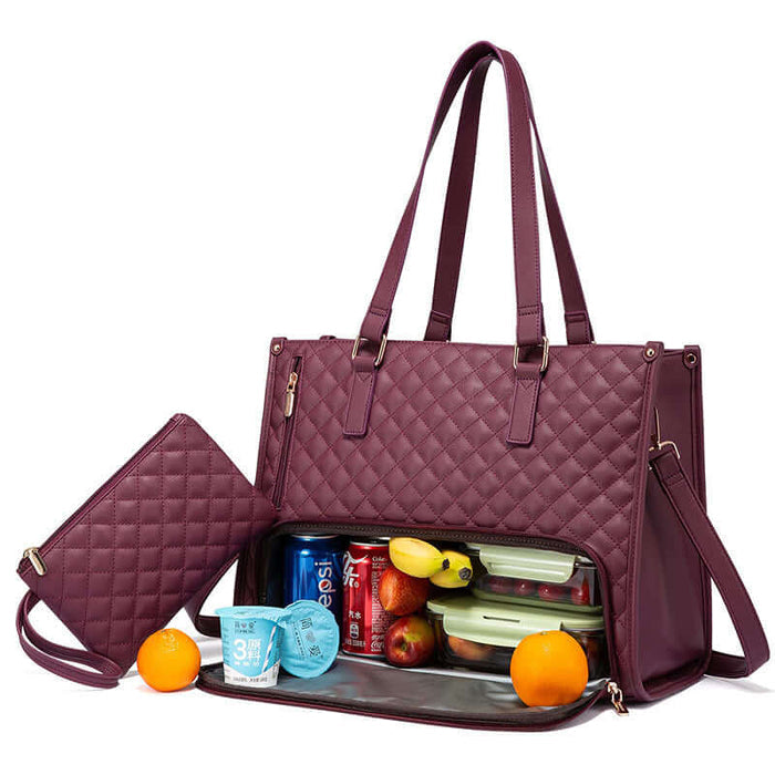 Fashionable Women's Thermal Lunch & Computer Storage Bag in burgundy with food containers and fruits inside.
