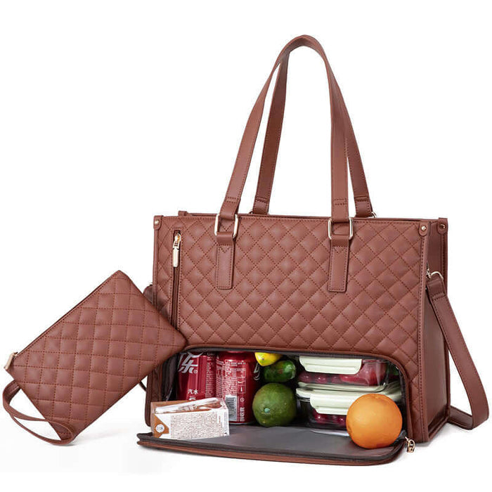 Fashionable Women's Thermal Lunch & Computer Storage Bag with quilted design, showcasing food items and a removable pouch.
