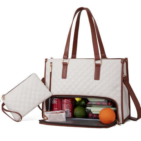 Fashionable Women's Thermal Lunch & Computer Storage Bag with food and drinks inside, including fruits and a small pouch.