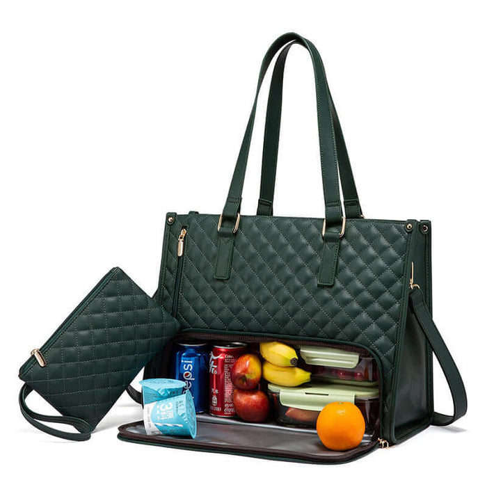 Fashionable Women's Thermal Lunch & Computer Storage Bag with green quilted design and food containers inside.