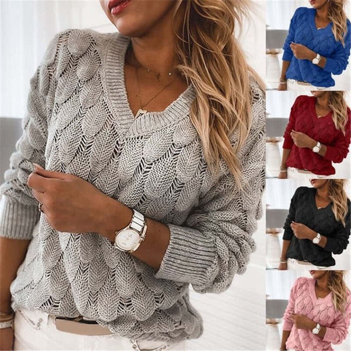 ​Feather Hollow Knit Sweater white v neck top.