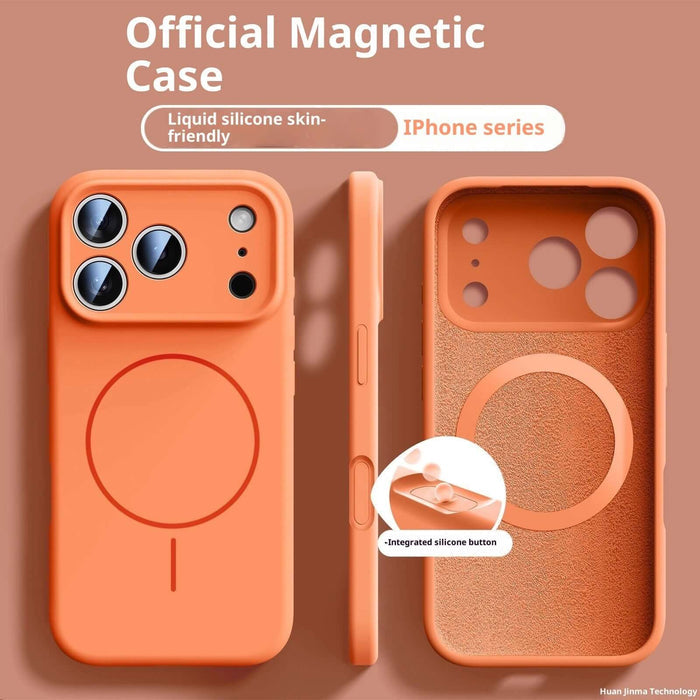 Fine Circle Magnetic Liquid Silicone Phone Case in orange, showing back and side view, designed for iPhone series, skin-friendly material.