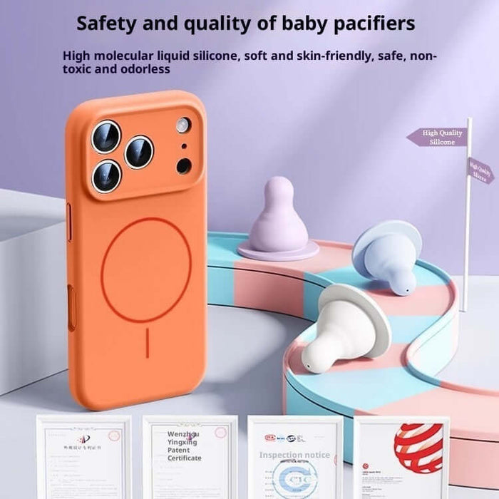 Fine Circle Magnetic Liquid Silicone Phone Case in orange with baby pacifiers and safety certificates displayed.