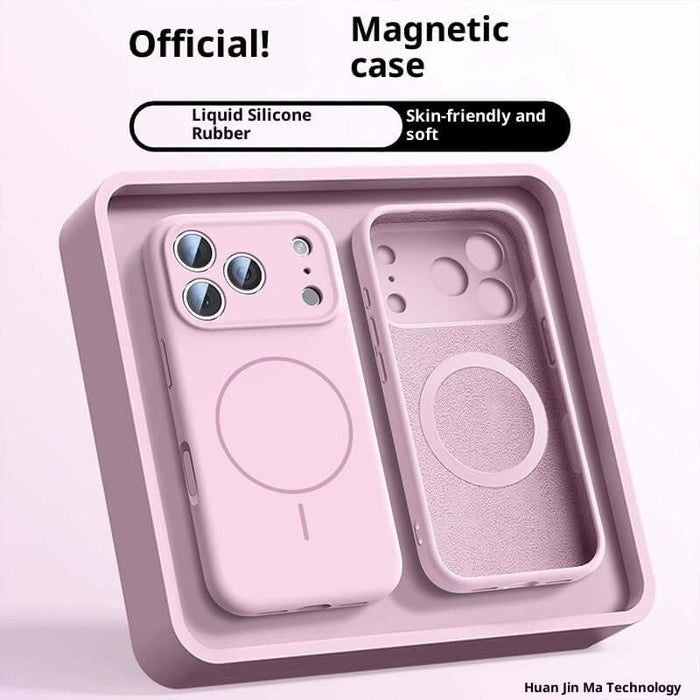 Fine Circle Magnetic Liquid Silicone Phone Case in pink, showcasing its skin-friendly design and magnetic features.