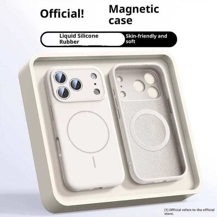 Fine Circle Magnetic Liquid Silicone Phone Case displayed in formal packaging, highlighting its skin-friendly and soft features.