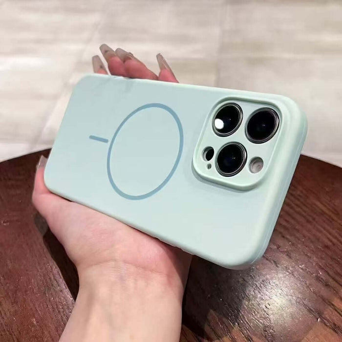 Fine Circle Magnetic Liquid Silicone Phone Case in soft mint color, showcasing magnetic design and camera cutouts.