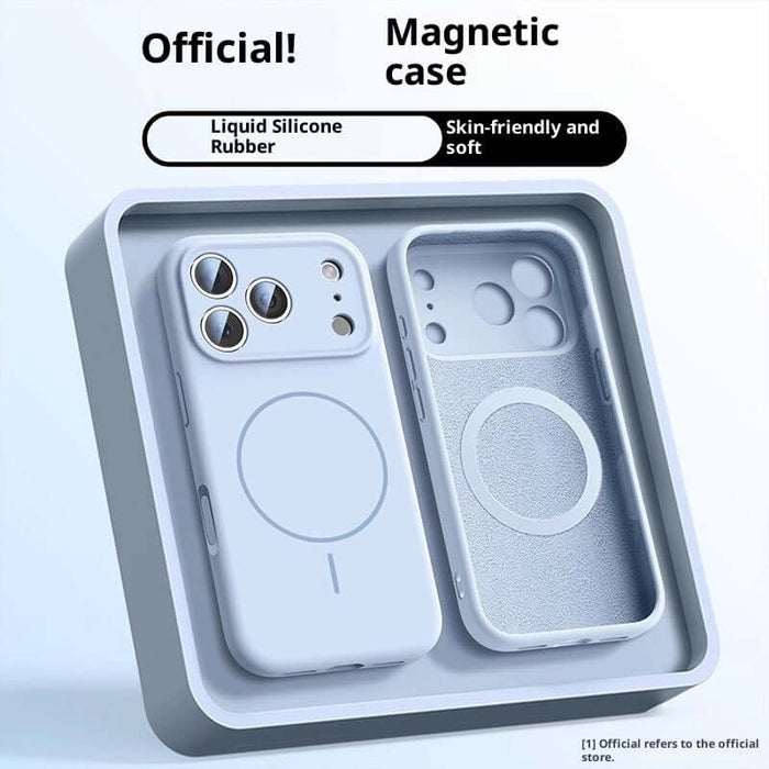 Fine Circle Magnetic Liquid Silicone Phone Case displayed in packaging, showcasing its skin-friendly and soft design.