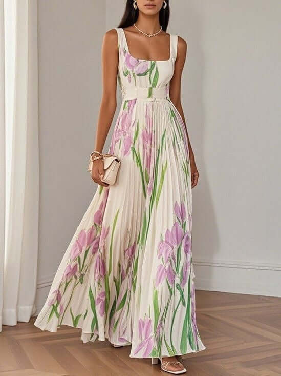 Floral Print Pleated Dress Summer A Line Sleeveless Midi Dress light blue summer