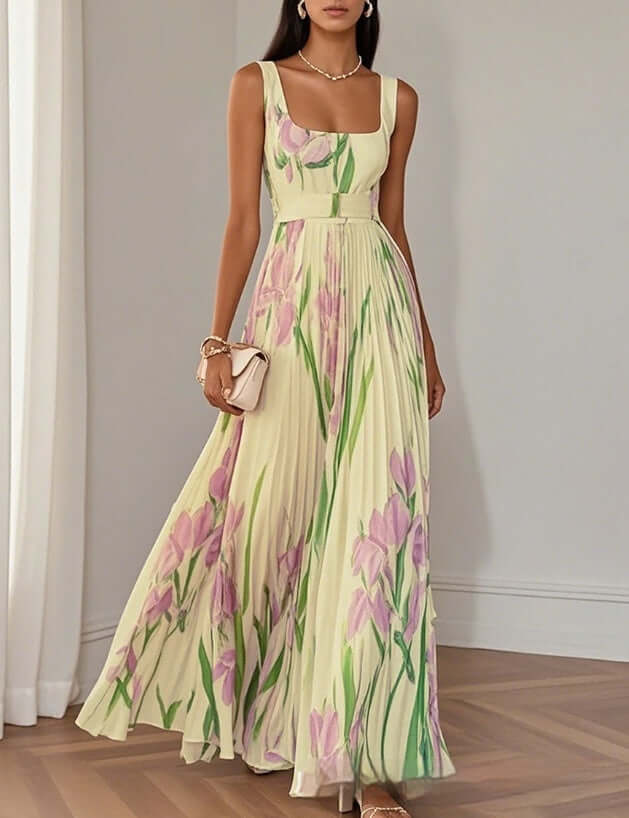 Floral Print Pleated Dress Summer A Line Sleeveless Midi Dress white pleated design