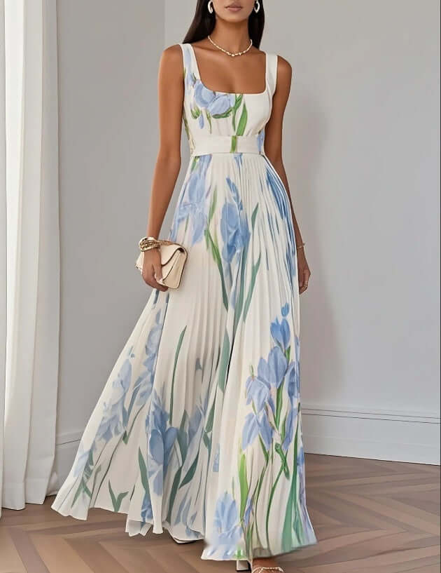 Floral Print Pleated Dress Summer A Line Sleeveless Midi Dress sleeveless midi style