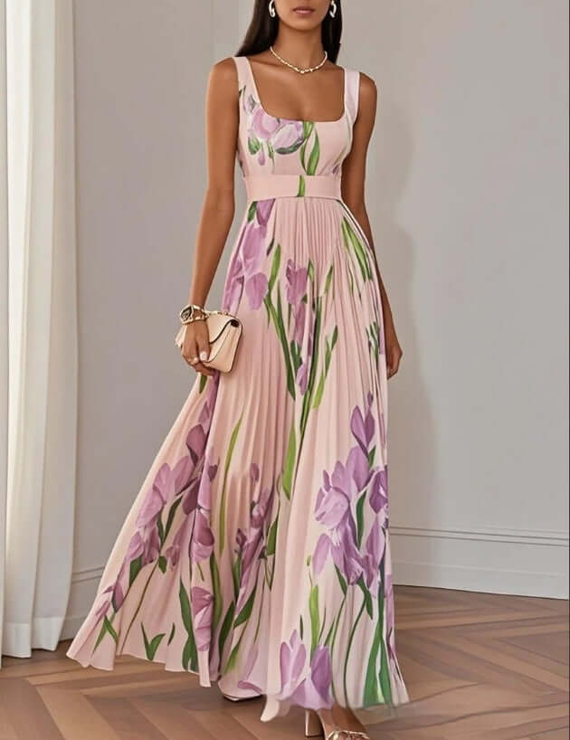 Floral Print Pleated Dress Summer A Line Sleeveless Midi Dress yellow A line fit