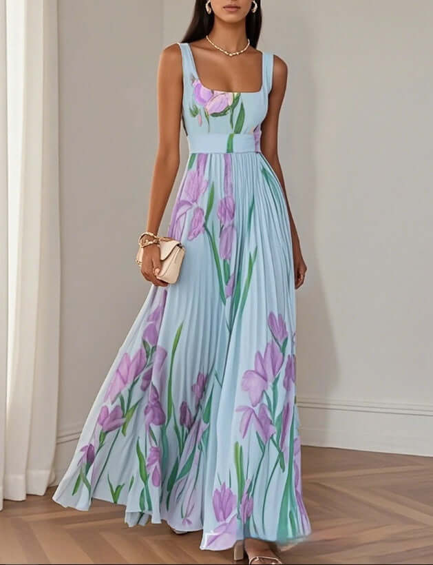 Floral Print Pleated Dress Summer A Line Sleeveless Midi Dress polyester midi dress