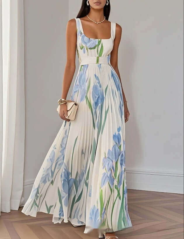 Floral Print Pleated Dress Summer A Line Sleeveless Midi Dress pink midi clothing
