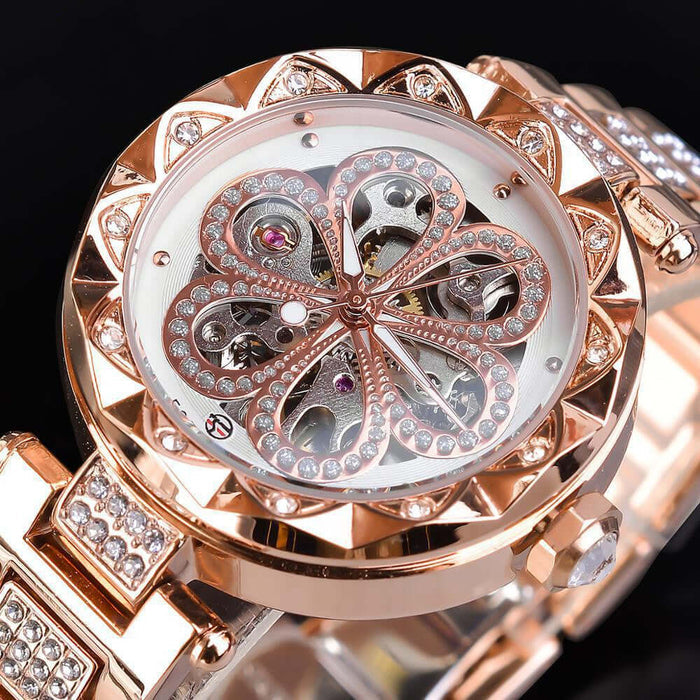 Forsining Mechanical Automatic Ladies Luxury Watch featuring a stunning floral design and rose gold accents.