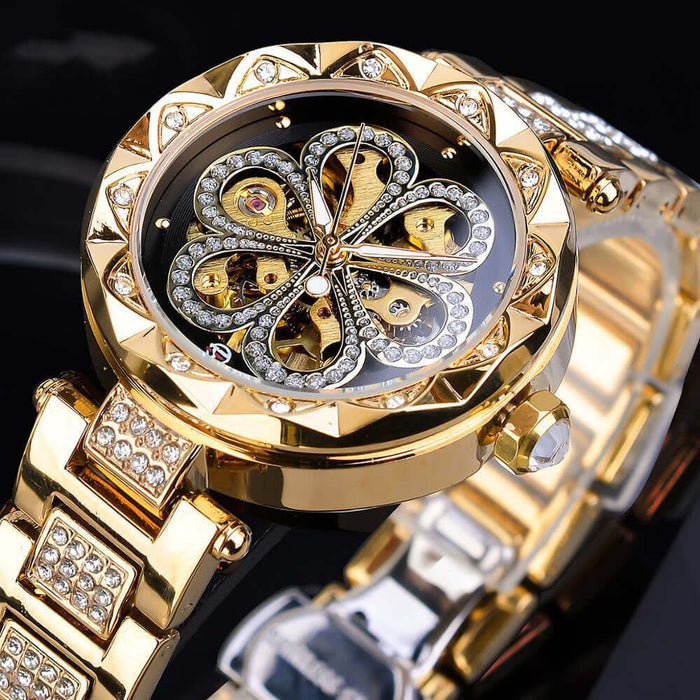 Forsining Mechanical Automatic Ladies Luxury Watch with a gold bracelet and sparkling details, showcasing an elegant floral design.