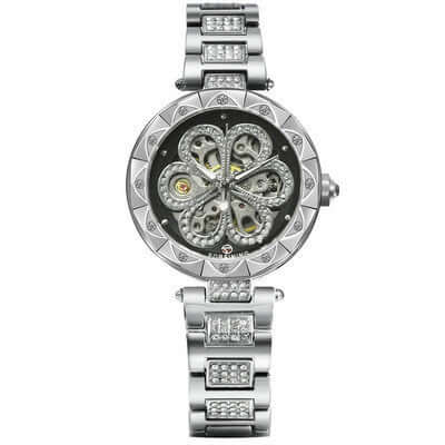 Forsining Mechanical Automatic Ladies Luxury Watch with a jeweled silver bracelet and unique transparent dial.