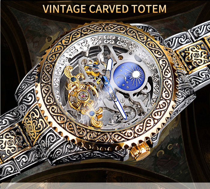 Forsining Skeleton Carved Tourbillon Mens Watch 14mm case thickness.