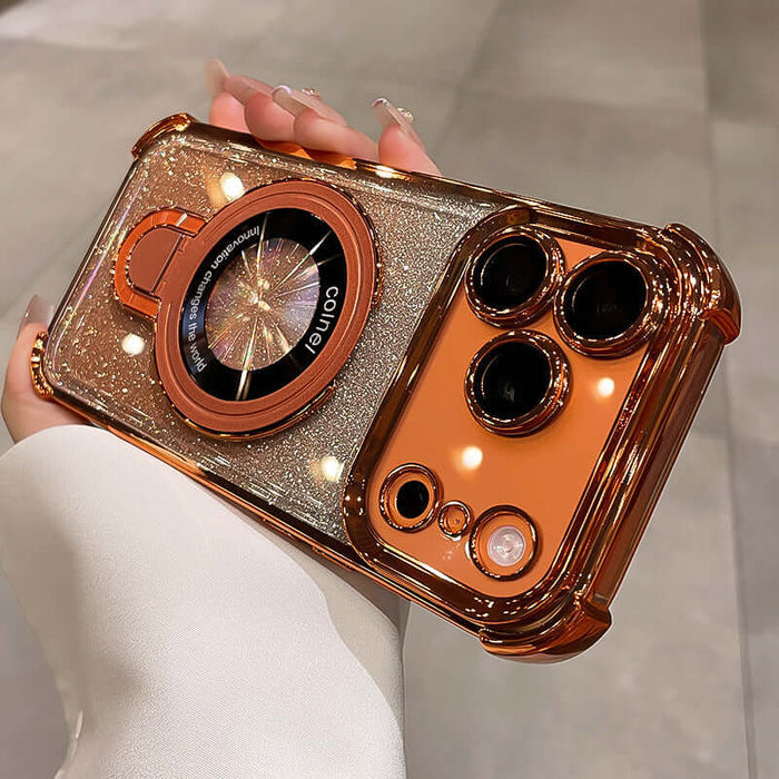 Four-Corner Airbag Drop-Proof Glitter Powder Phone Case held in hand, showcasing the shiny rose gold finish and sparkly glitter design.