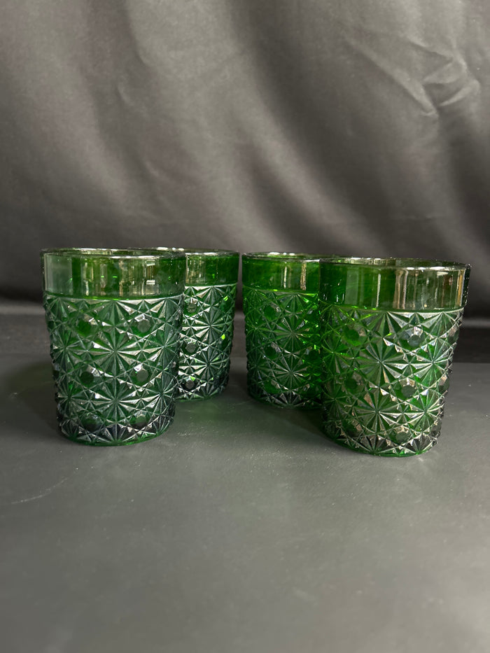 Four VTG Daisy & Button Emerald Green Tumbler Glass