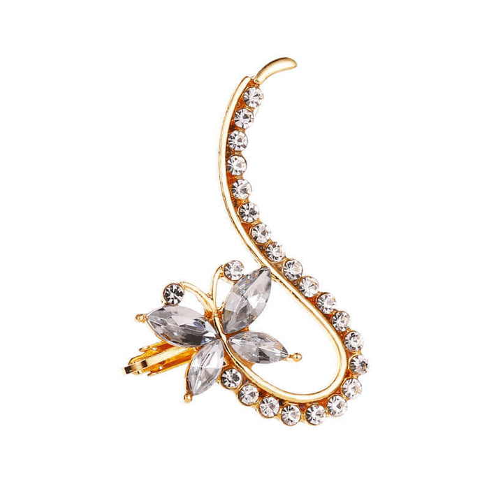 Full Crystal Butterfly Flower Single Ear Clip Cuff sparkling inlaid artificial gemstones sparkling under luxury jewelry spotlight