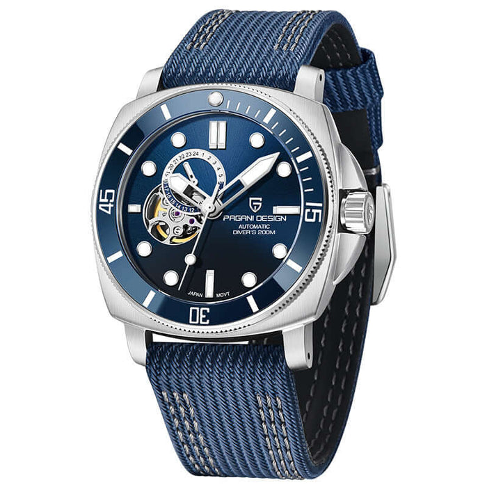 Fully Automatic Mechanical Watch With Luminous Display For Men with blue strap and silver case.
