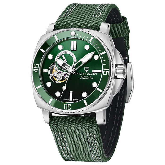 Fully Automatic Mechanical Watch With Luminous Display for men on a green strap with a silver case and skeleton dial.
