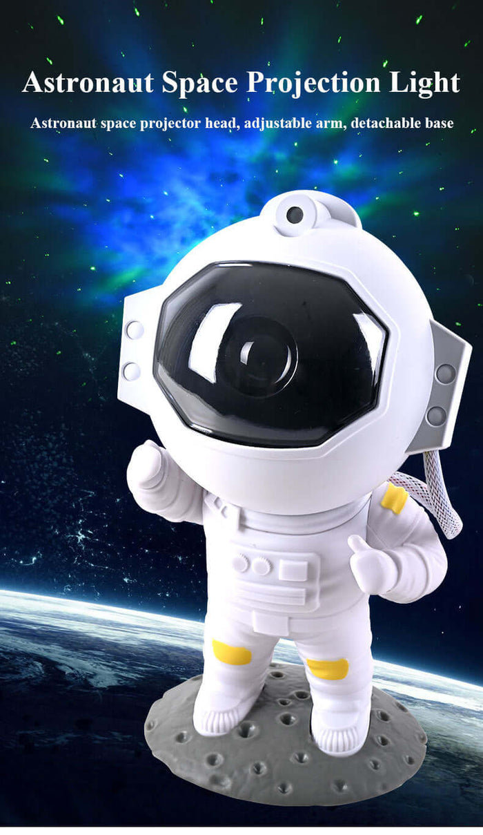 Galaxy Star Projector astronaut-themed night light with adjustable arm and detachable base on a moon surface.