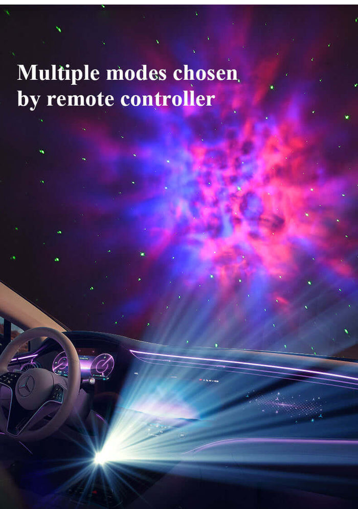 Galaxy Star Projector in action, projecting colorful nebula effects and green stars inside a vehicle.
